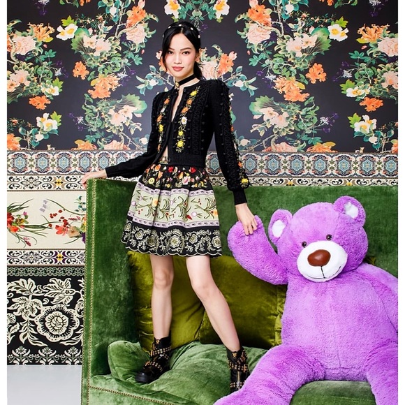 Alice + Olivia Kitty Floral Puff Sleeve Wool Blend Black Cardigan Sweater - Picture 7 of 16